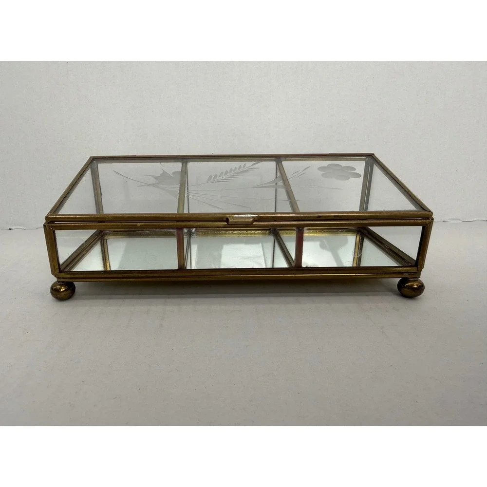 Jewelry Box Etched Glass Brass Mirror Small Gold Vintage 3-Section
